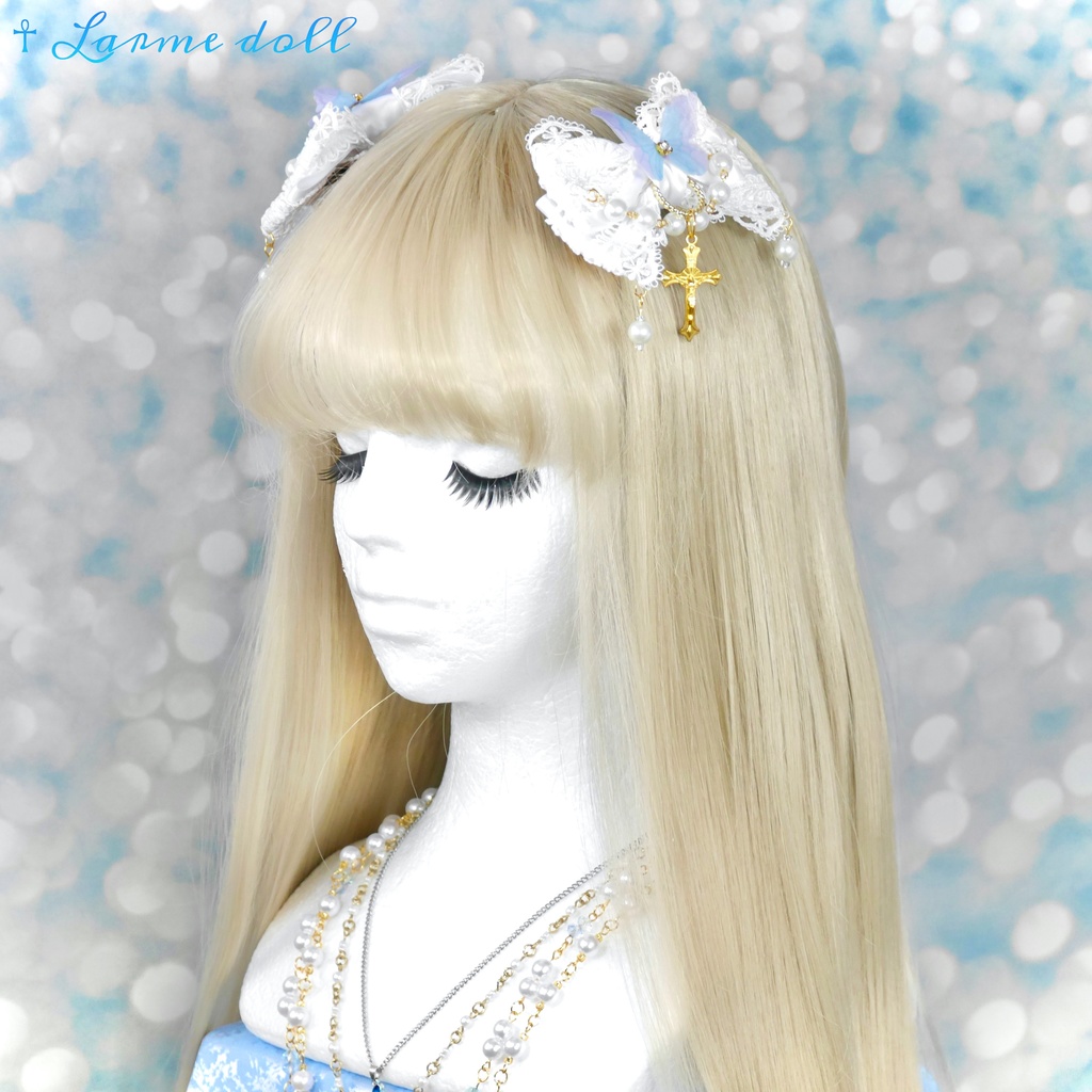 【受注生産】《☥》ロリィタリボンヘアクリップ ガラス製パールビーズタイプ(白)