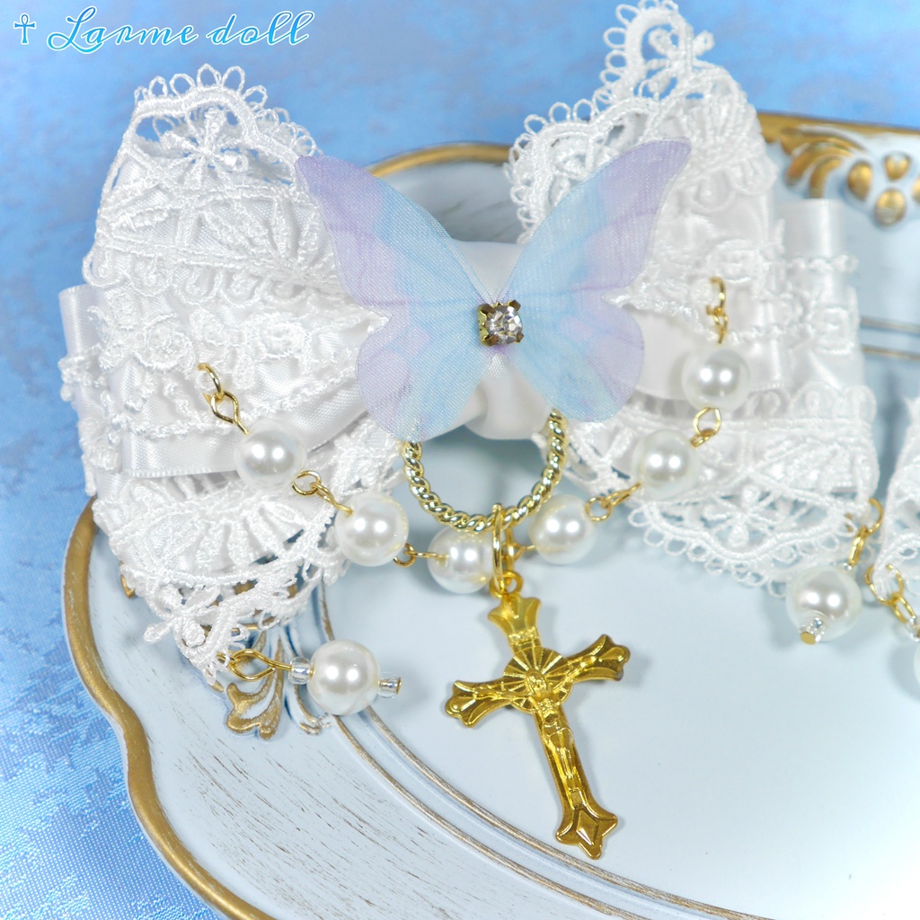 【受注生産】《☥》ロリィタリボンヘアクリップ ガラス製パールビーズタイプ(白)