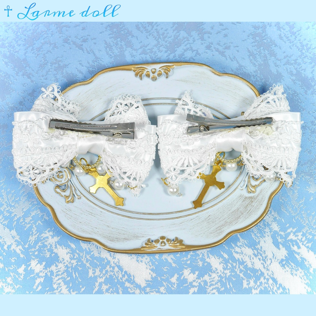 【受注生産】《☥》ロリィタリボンヘアクリップ ガラス製パールビーズタイプ(白)