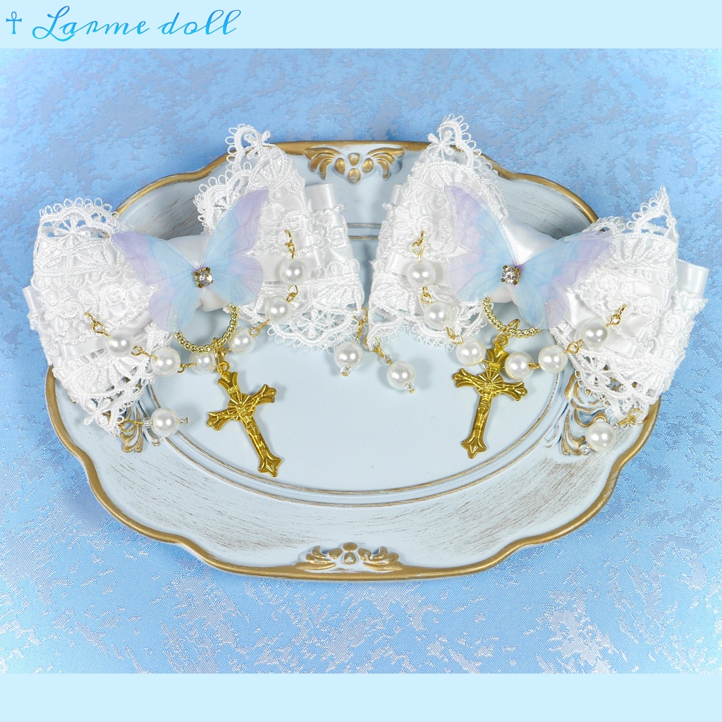 【受注生産】《☥》ロリィタリボンヘアクリップ ガラス製パールビーズタイプ(白)