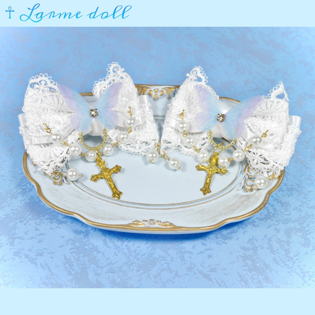 【受注生産】《☥》ロリィタリボンヘアクリップ ガラス製パールビーズタイプ(白)