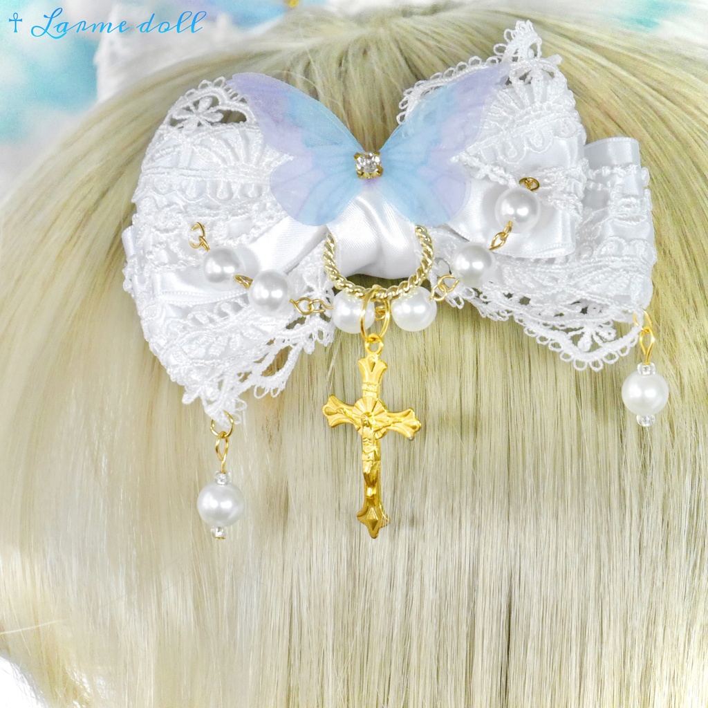 【受注生産】《☥》ロリィタリボンヘアクリップ ガラス製パールビーズタイプ(白)