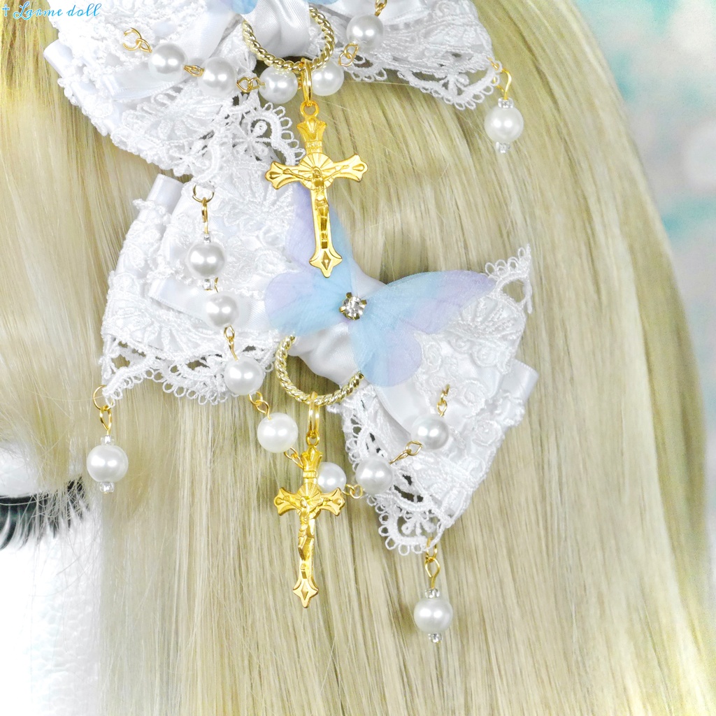 【受注生産】《☥》ロリィタリボンヘアクリップ ガラス製パールビーズタイプ(白)