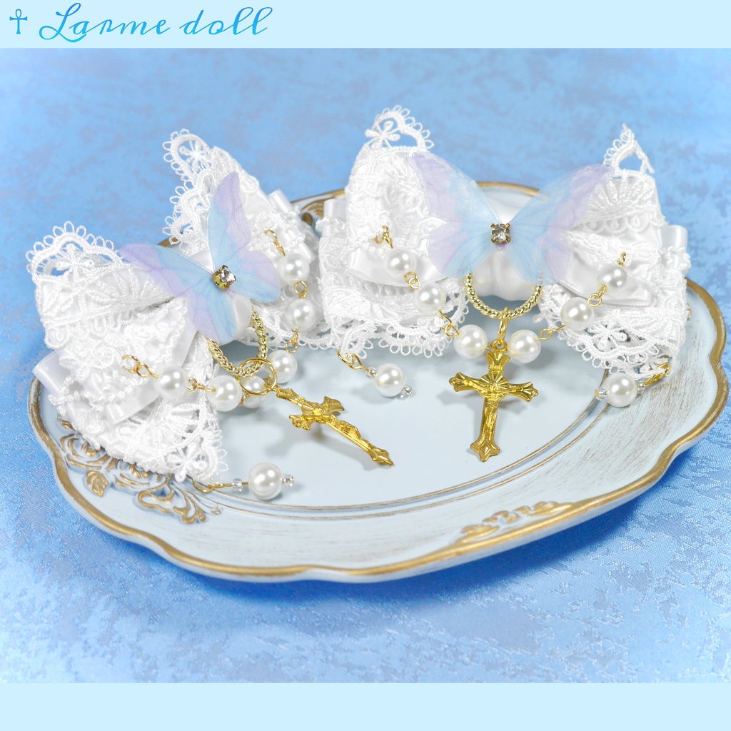 【受注生産】《☥》ロリィタリボンヘアクリップ ガラス製パールビーズタイプ(白)