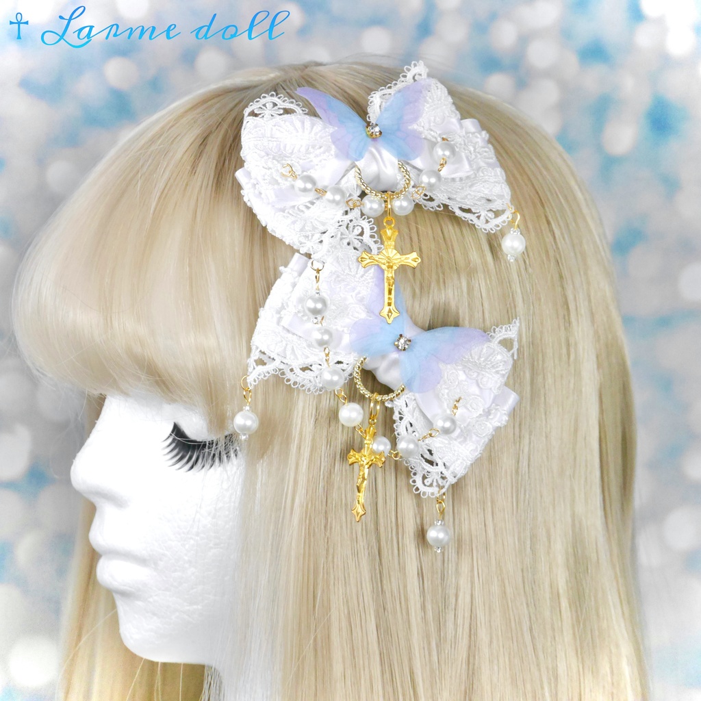 【受注生産】《☥》ロリィタリボンヘアクリップ ガラス製パールビーズタイプ(白)