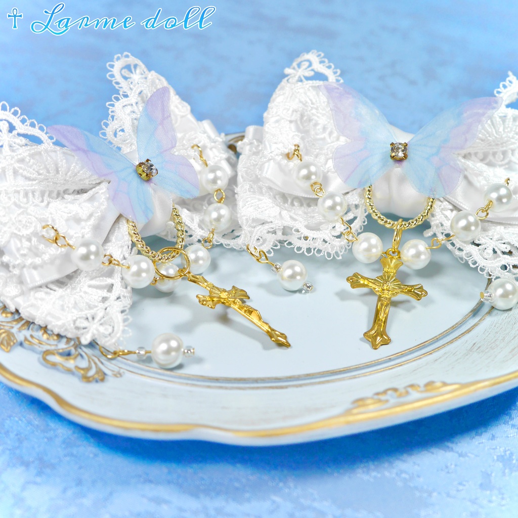 【受注生産】《☥》ロリィタリボンヘアクリップ ガラス製パールビーズタイプ(白)