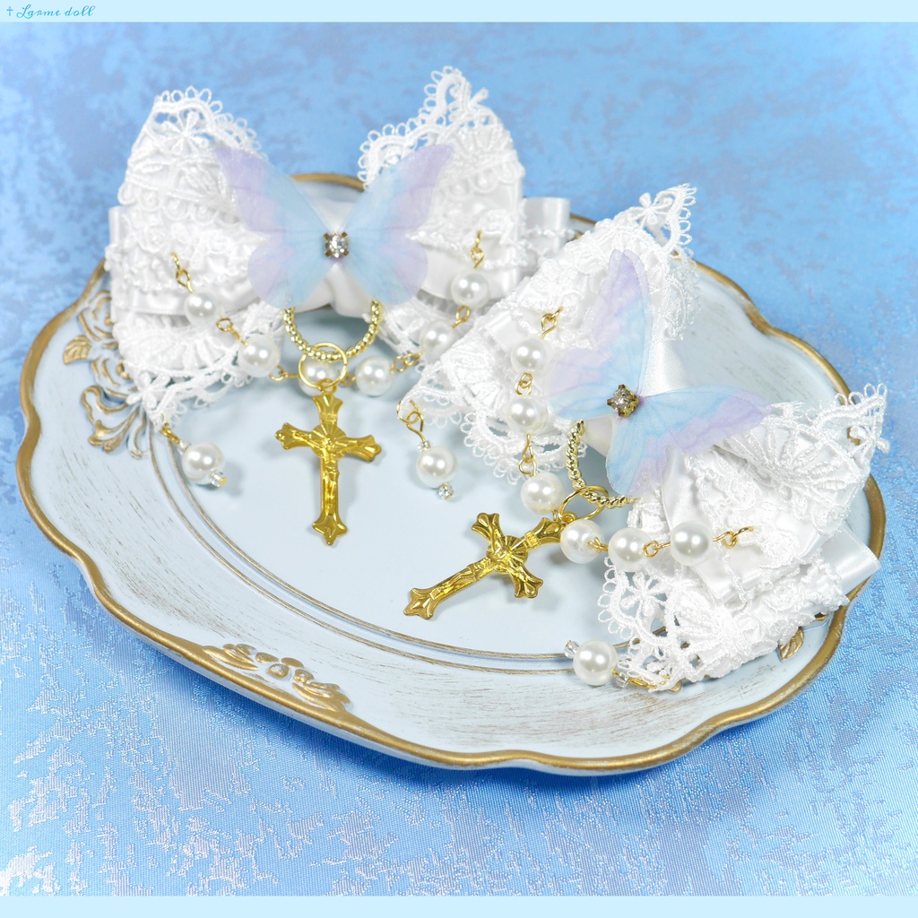 【受注生産】《☥》ロリィタリボンヘアクリップ ガラス製パールビーズタイプ(白)