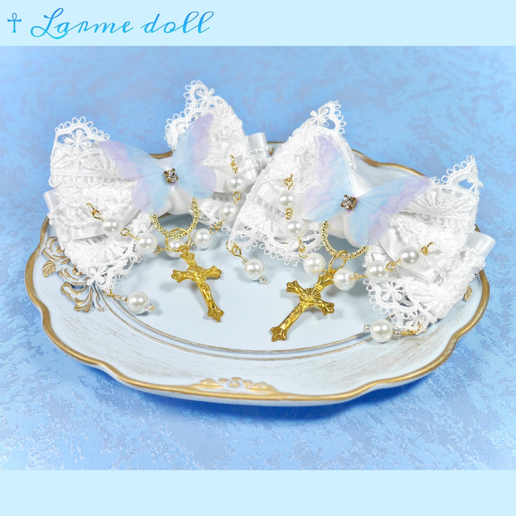 【受注生産】《☥》ロリィタリボンヘアクリップ ガラス製パールビーズタイプ(白)