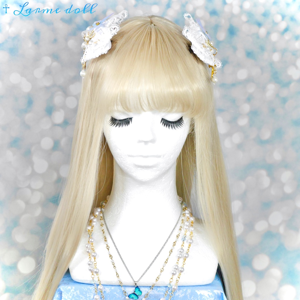 【受注生産】《☥》ロリィタリボンヘアクリップ ガラス製パールビーズタイプ(白)