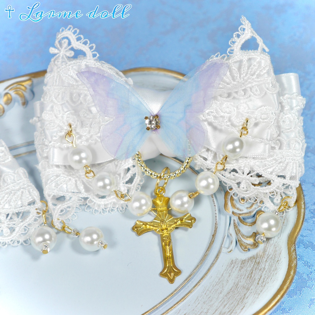 【受注生産】《☥》ロリィタリボンヘアクリップ ガラス製パールビーズタイプ(白)