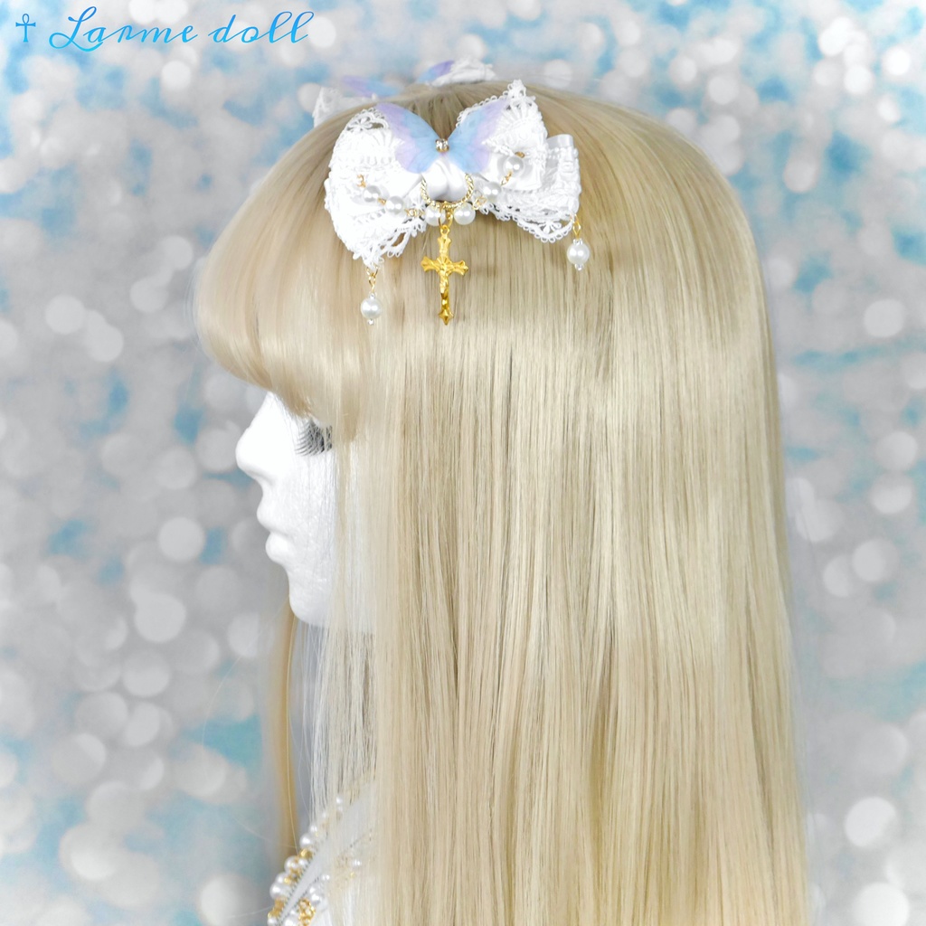 【受注生産】《☥》ロリィタリボンヘアクリップ ガラス製パールビーズタイプ(白)