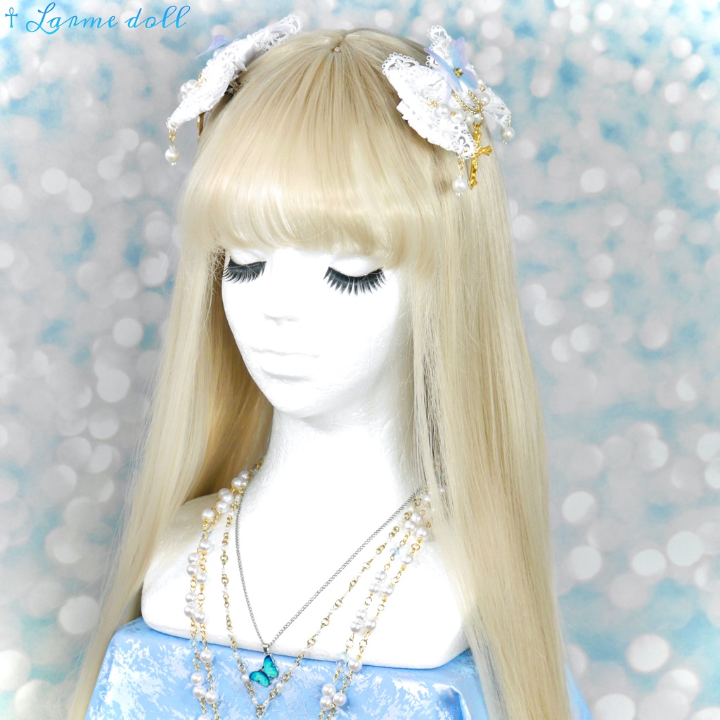 【受注生産】《☥》ロリィタリボンヘアクリップ ガラス製パールビーズタイプ(白)