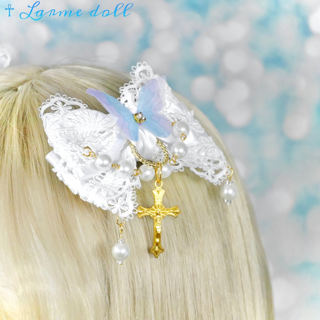 【受注生産】《☥》ロリィタリボンヘアクリップ ガラス製パールビーズタイプ(白)