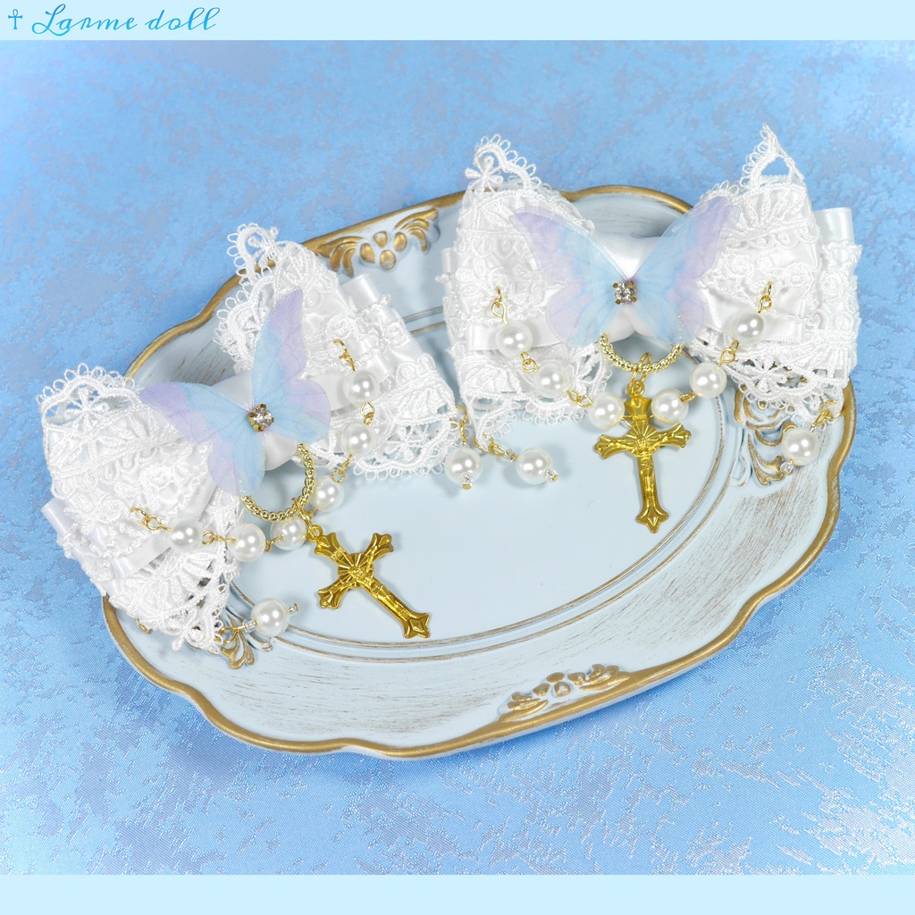 【受注生産】《☥》ロリィタリボンヘアクリップ ガラス製パールビーズタイプ(白)