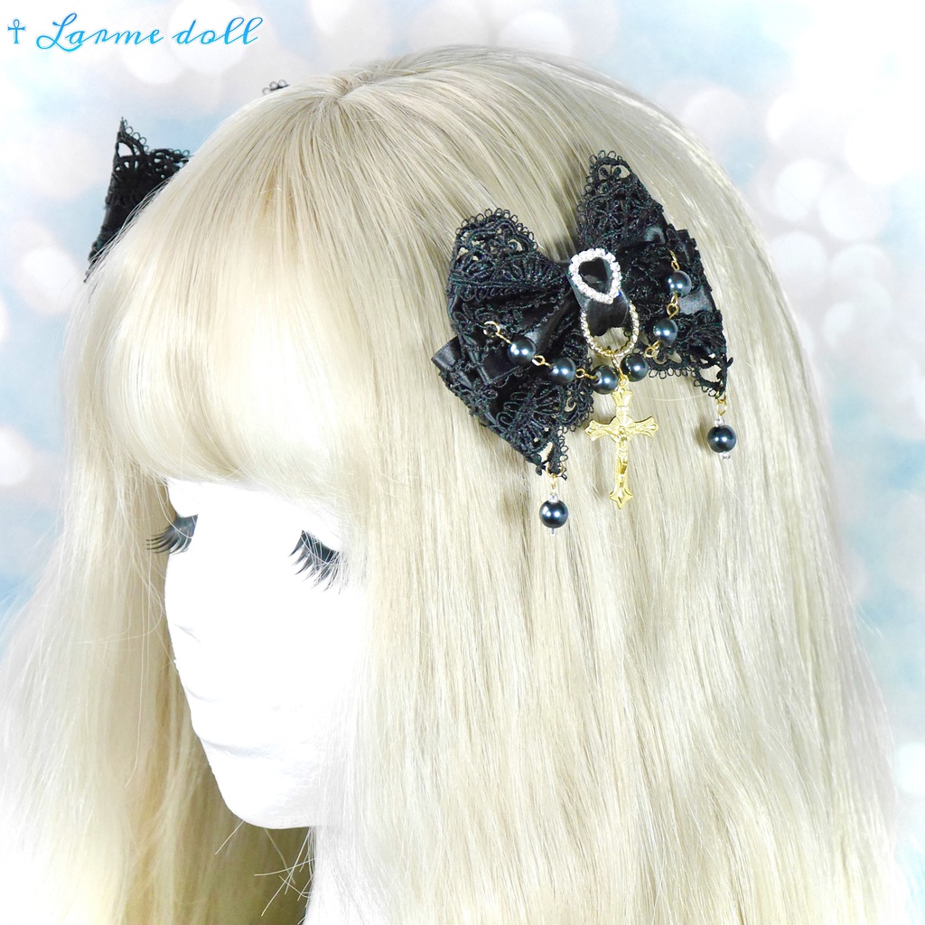 【受注生産】《☥》ロリィタリボンヘアクリップ ガラス製パールビーズタイプ(黒)