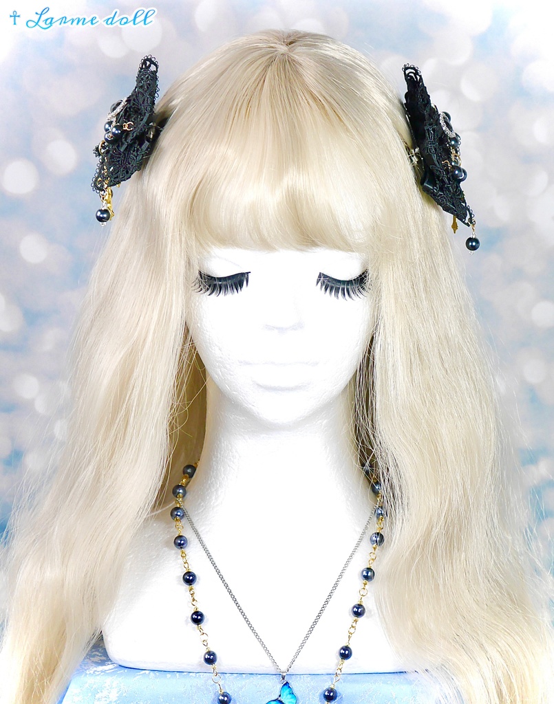 【受注生産】《☥》ロリィタリボンヘアクリップ ガラス製パールビーズタイプ(黒)