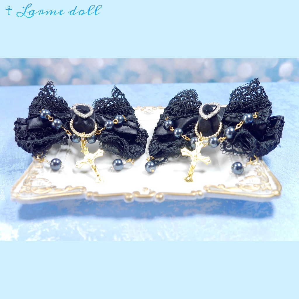 【受注生産】《☥》ロリィタリボンヘアクリップ ガラス製パールビーズタイプ(黒)