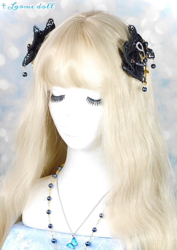 【受注生産】《☥》ロリィタリボンヘアクリップ ガラス製パールビーズタイプ(黒)