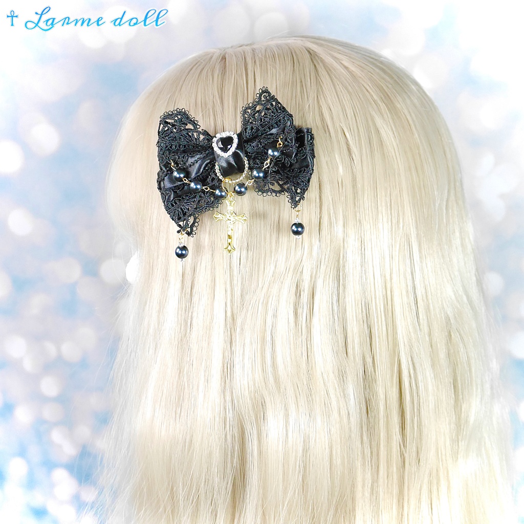 【受注生産】《☥》ロリィタリボンヘアクリップ ガラス製パールビーズタイプ(黒)