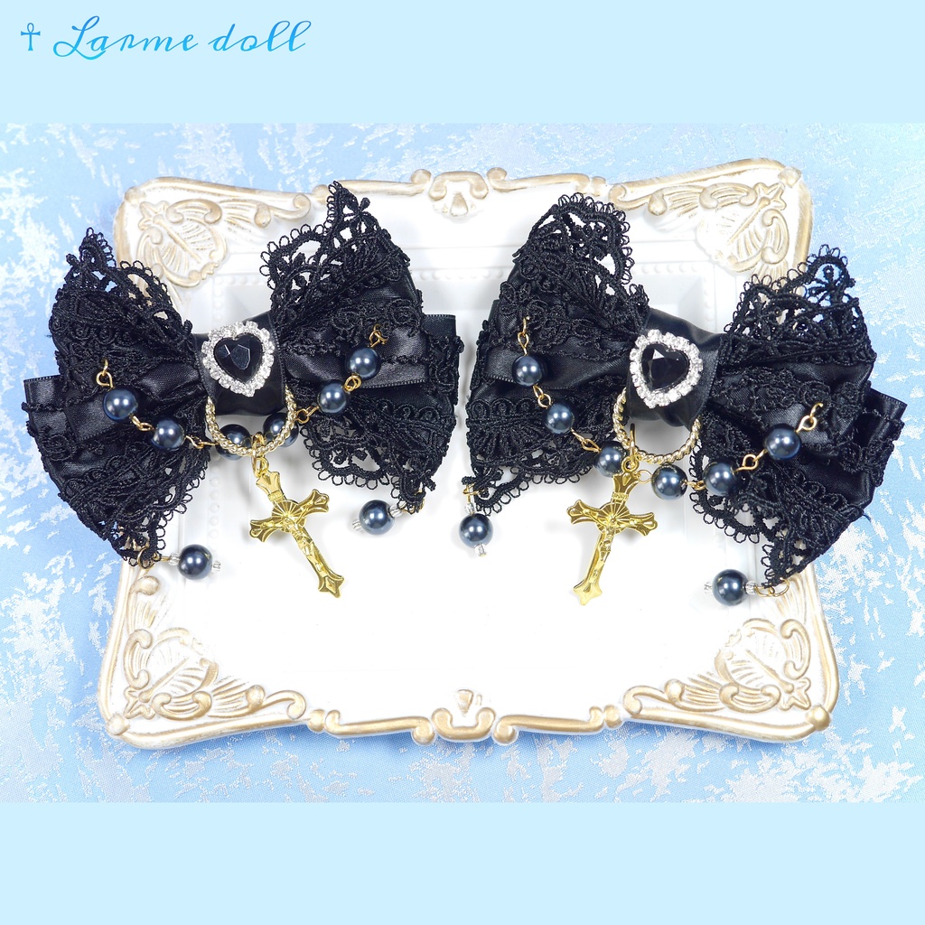 【受注生産】《☥》ロリィタリボンヘアクリップ ガラス製パールビーズタイプ(黒)