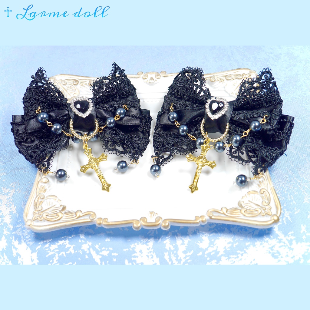 【受注生産】《☥》ロリィタリボンヘアクリップ ガラス製パールビーズタイプ(黒)