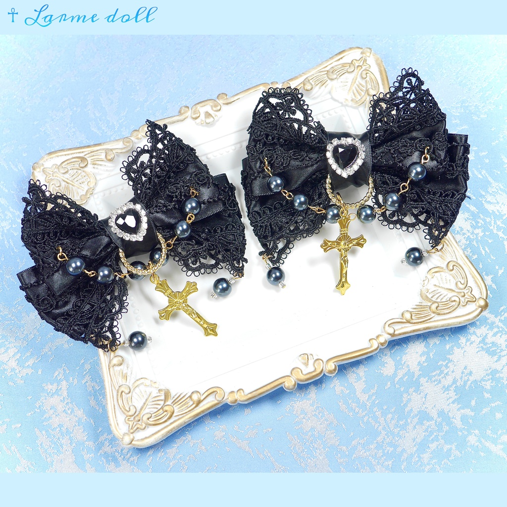 【受注生産】《☥》ロリィタリボンヘアクリップ ガラス製パールビーズタイプ(黒)