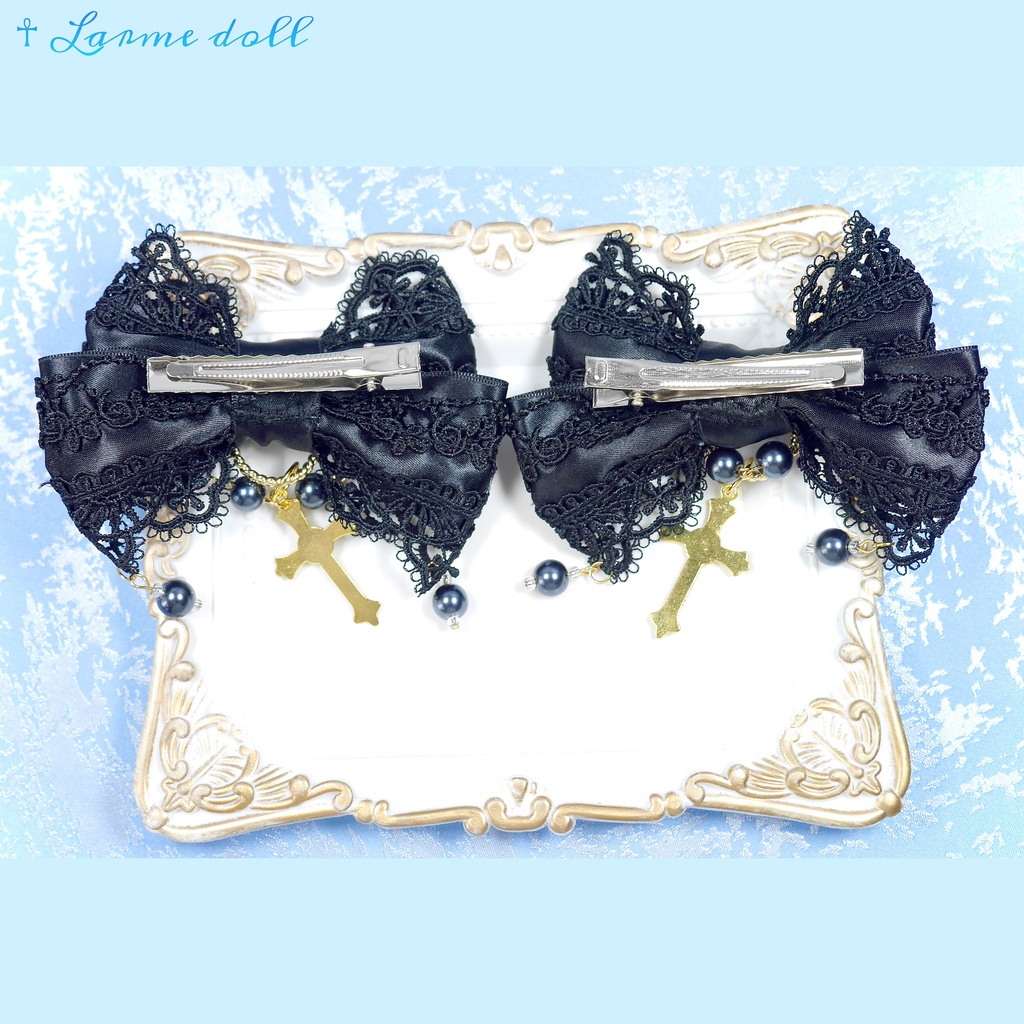 【受注生産】《☥》ロリィタリボンヘアクリップ ガラス製パールビーズタイプ(黒)