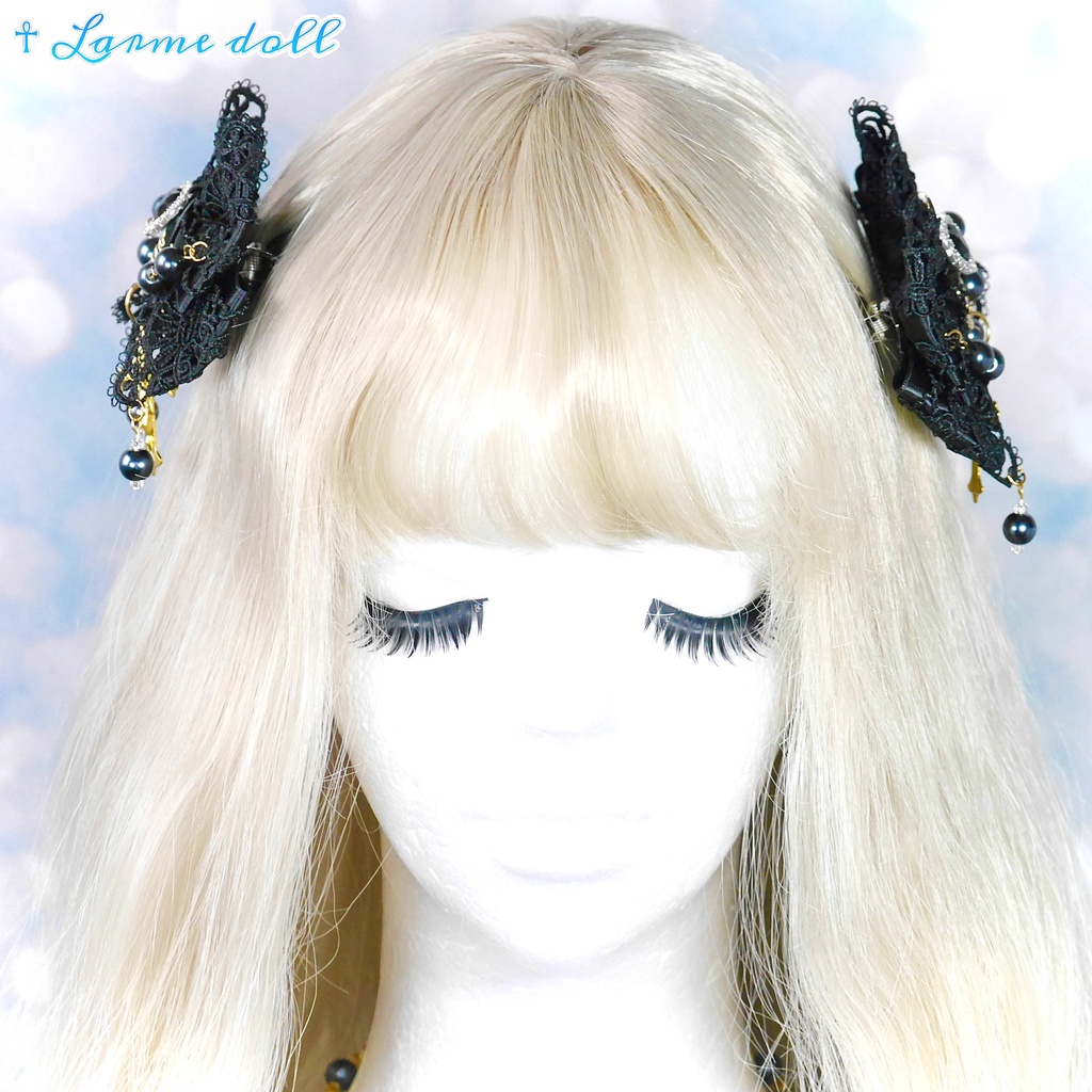 【受注生産】《☥》ロリィタリボンヘアクリップ ガラス製パールビーズタイプ(黒)