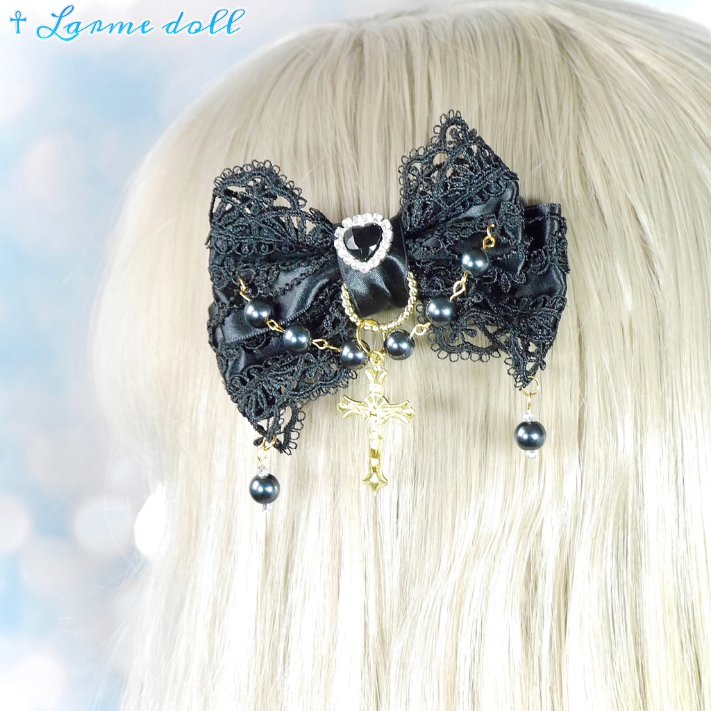 【受注生産】《☥》ロリィタリボンヘアクリップ ガラス製パールビーズタイプ(黒)