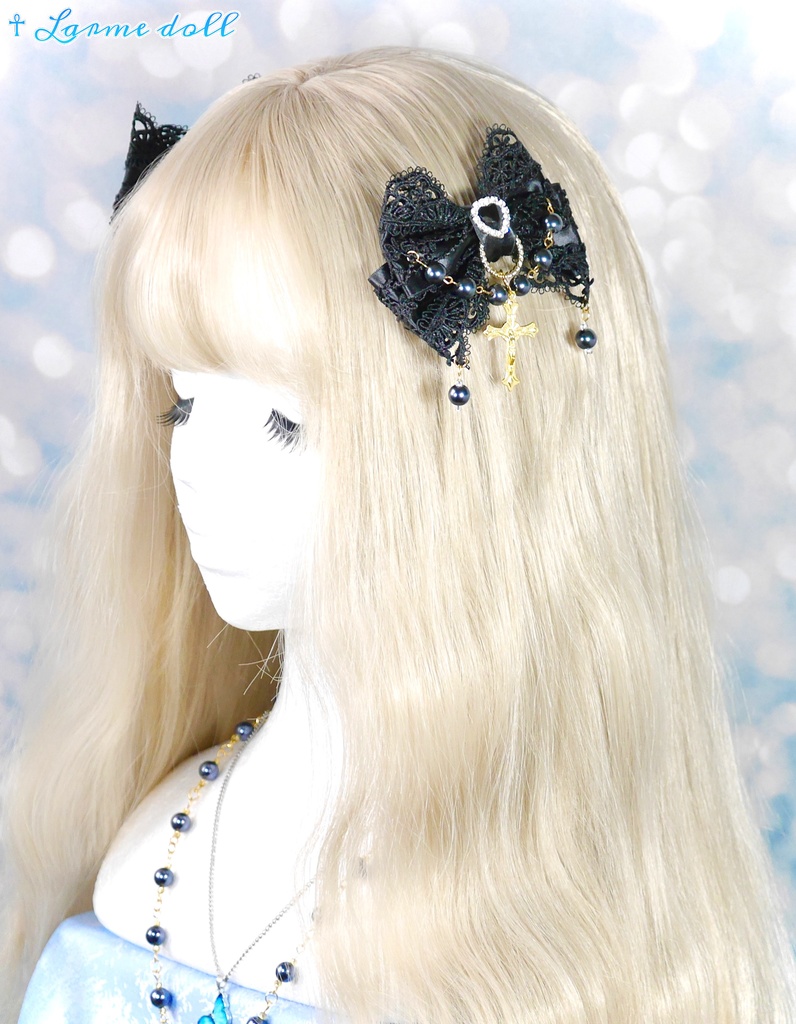 【受注生産】《☥》ロリィタリボンヘアクリップ ガラス製パールビーズタイプ(黒)