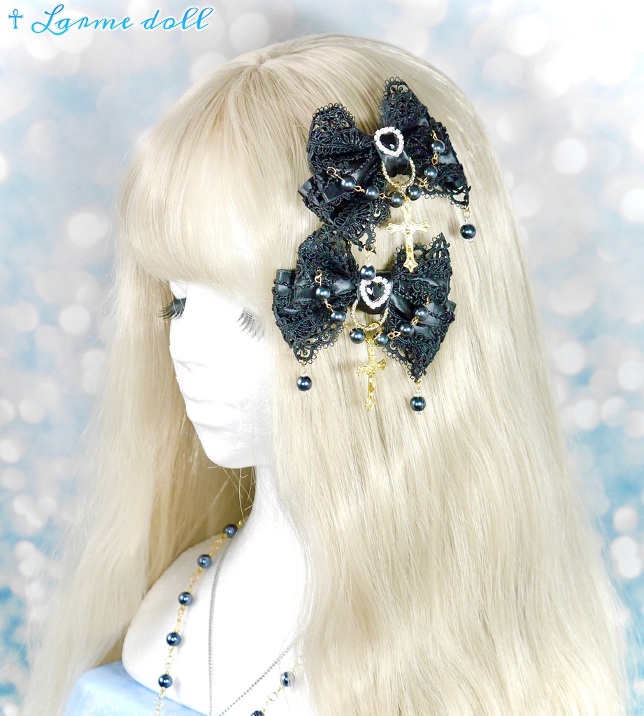 【受注生産】《☥》ロリィタリボンヘアクリップ ガラス製パールビーズタイプ(黒)