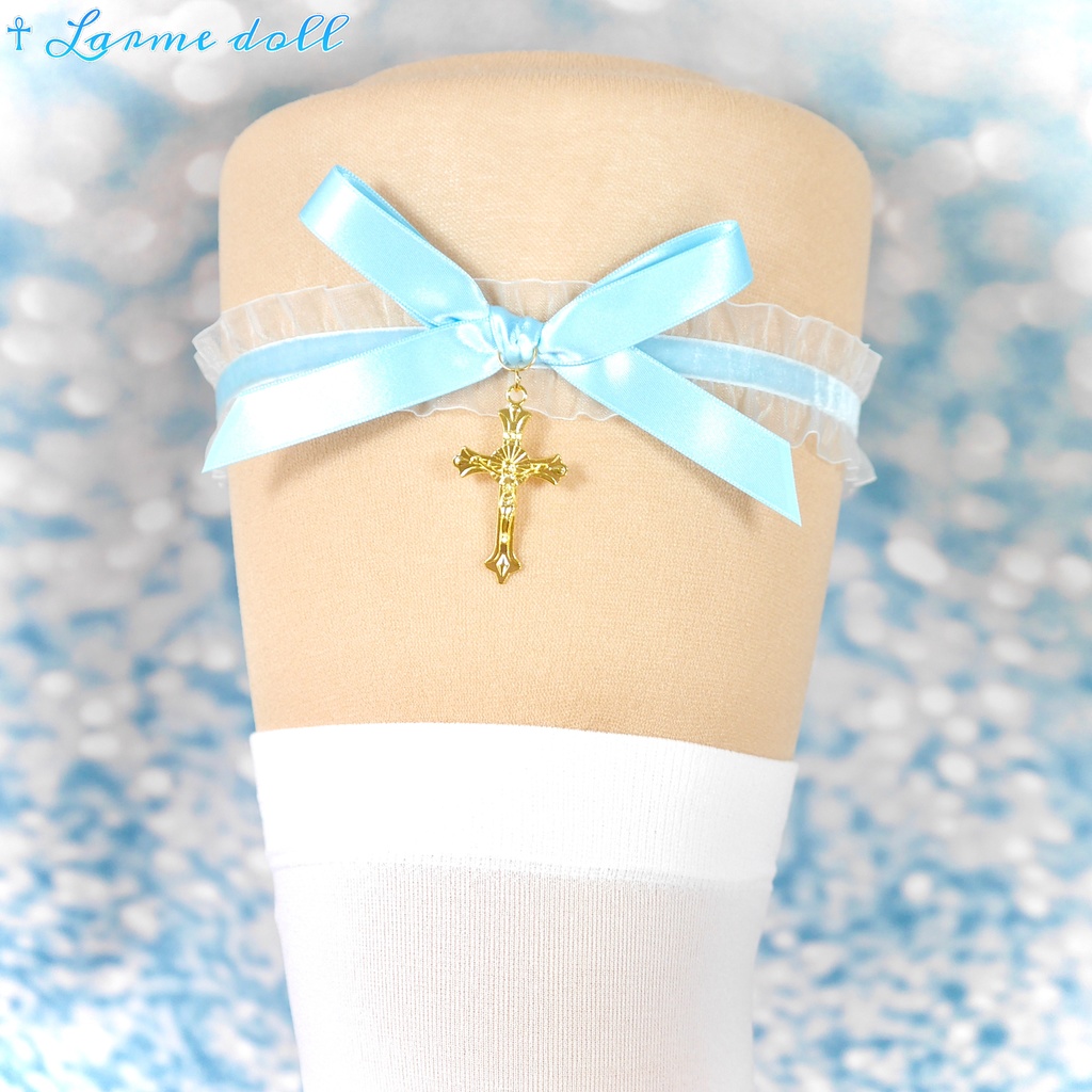 【受注生産】《☥》オーガンジーレースガーターリング(レース水色)(リボンノーマルver.)(クリップ無し)(タイプB)