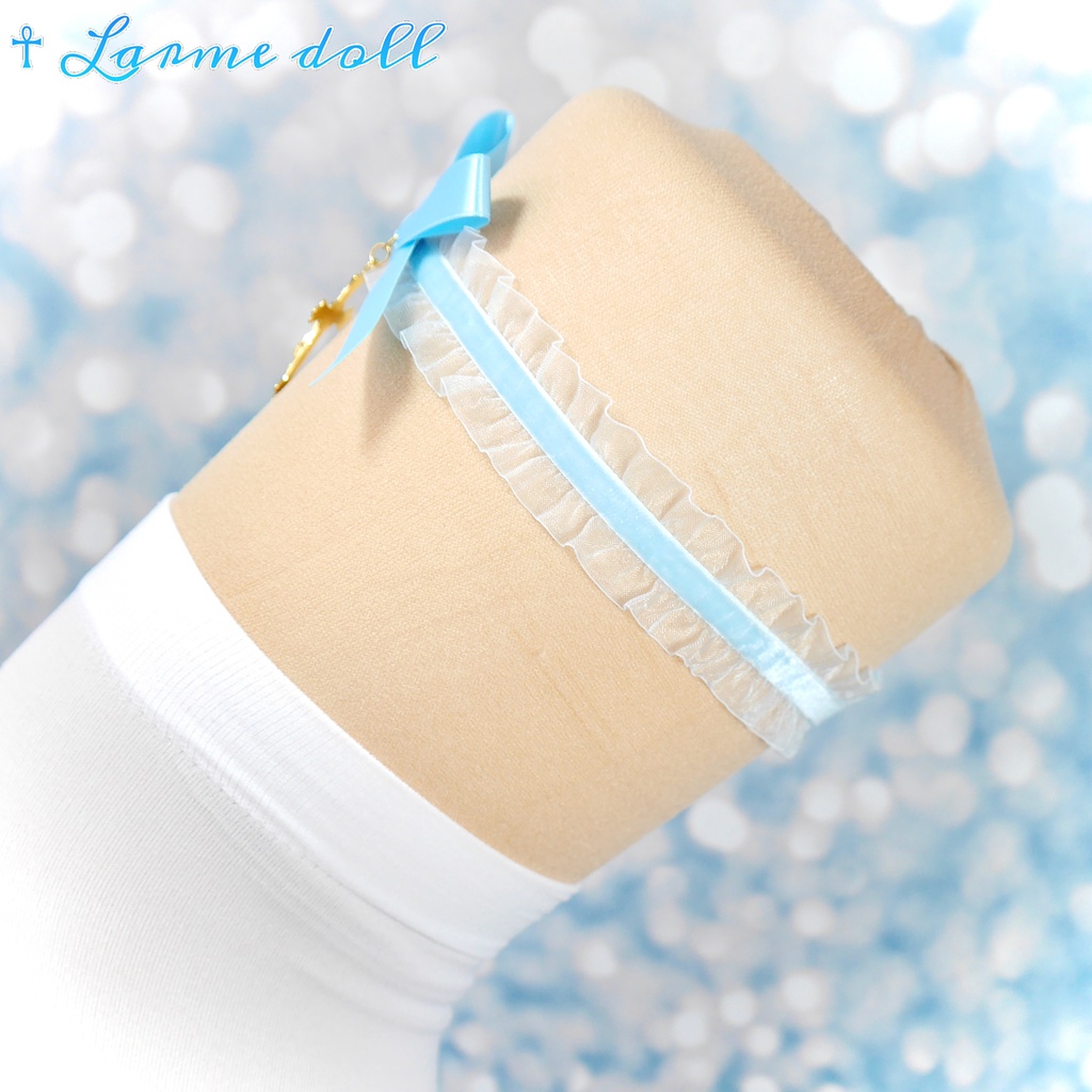 【受注生産】《☥》オーガンジーレースガーターリング(レース水色)(リボンノーマルver.)(クリップ無し)(タイプB)