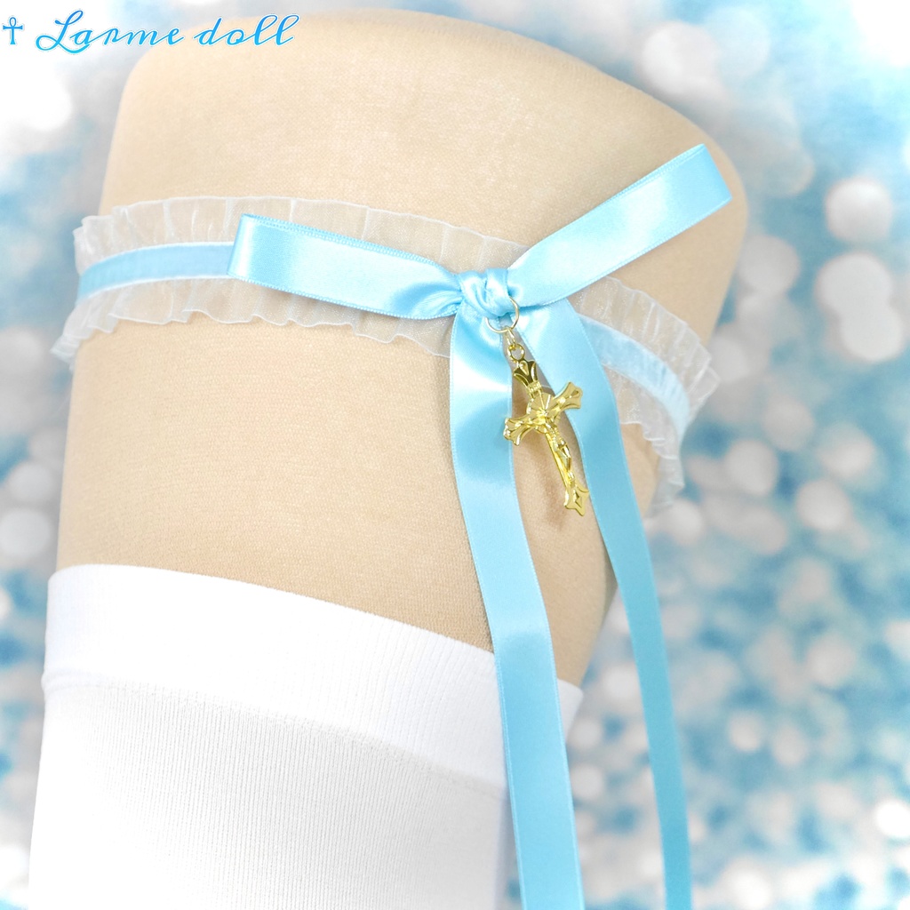 【受注生産】《☥》オーガンジーレースガーターリング(レース水色)(リボンロングver.)(クリップ無し)(タイプB)