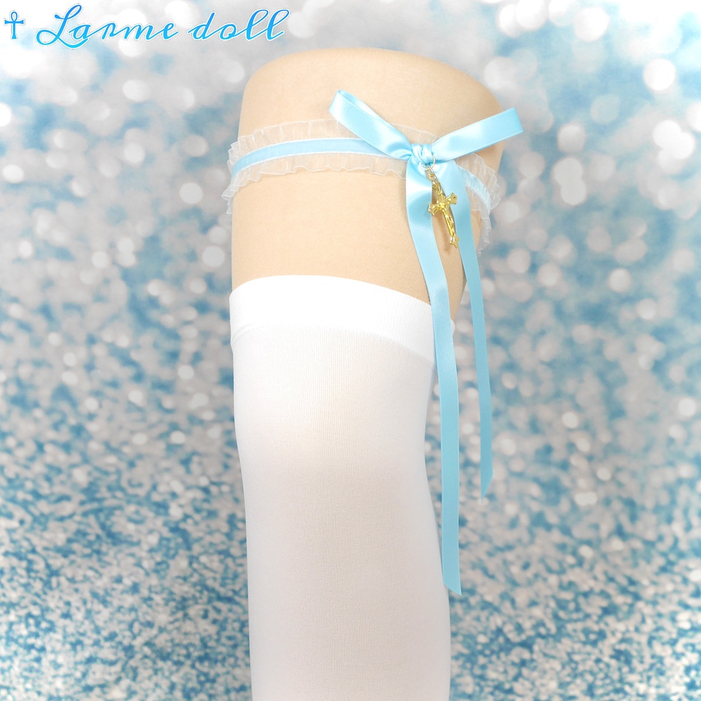 【受注生産】《☥》オーガンジーレースガーターリング(レース水色)(リボンロングver.)(クリップ無し)(タイプB)