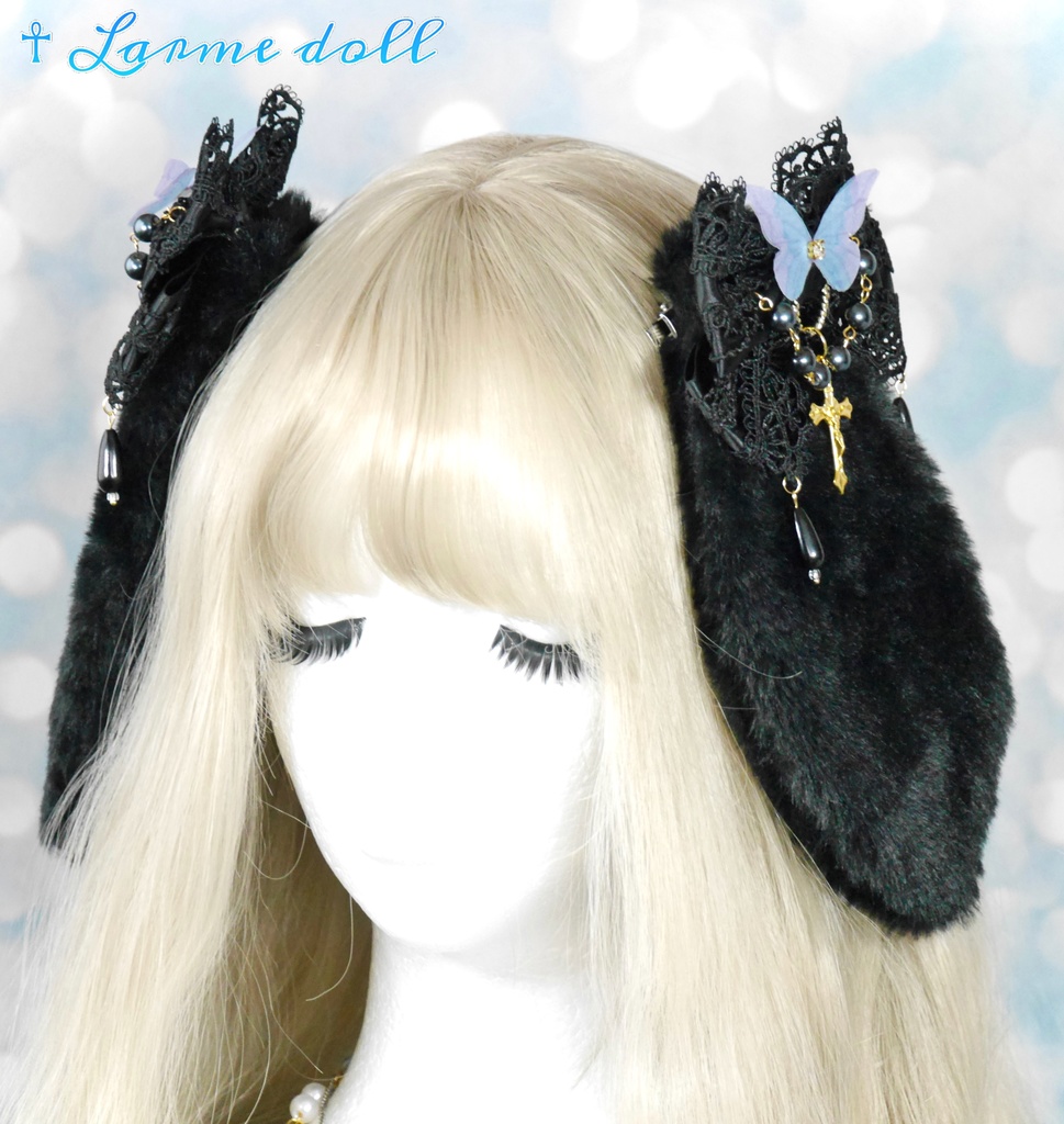 【受注生産】《☥》たれうさ耳ロリィタリボンヘアクリップ(黒)