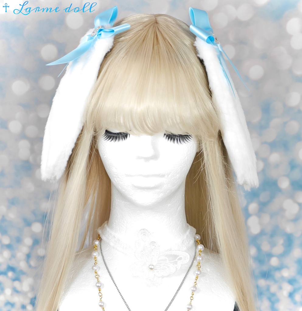 【完成品/過去製作品/⚠️ヘアクリップ少し錆び有り】《☥》たれうさ耳リボンヘアクリップ(カラー▷白×水色)