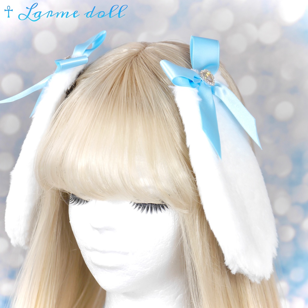 【完成品/過去製作品/⚠️ヘアクリップ少し錆び有り】《☥》たれうさ耳リボンヘアクリップ(カラー▷白×水色)