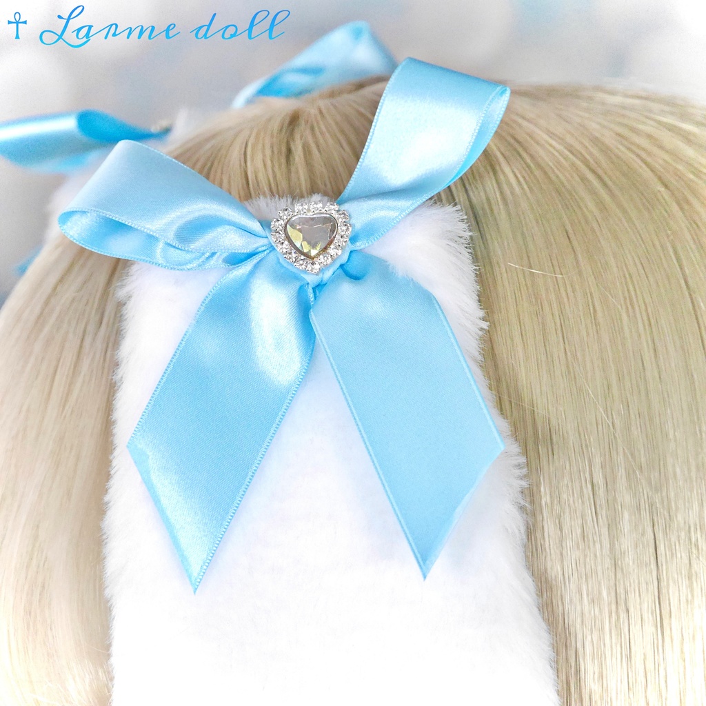 【完成品/過去製作品/⚠️ヘアクリップ少し錆び有り】《☥》たれうさ耳リボンヘアクリップ(カラー▷白×水色)