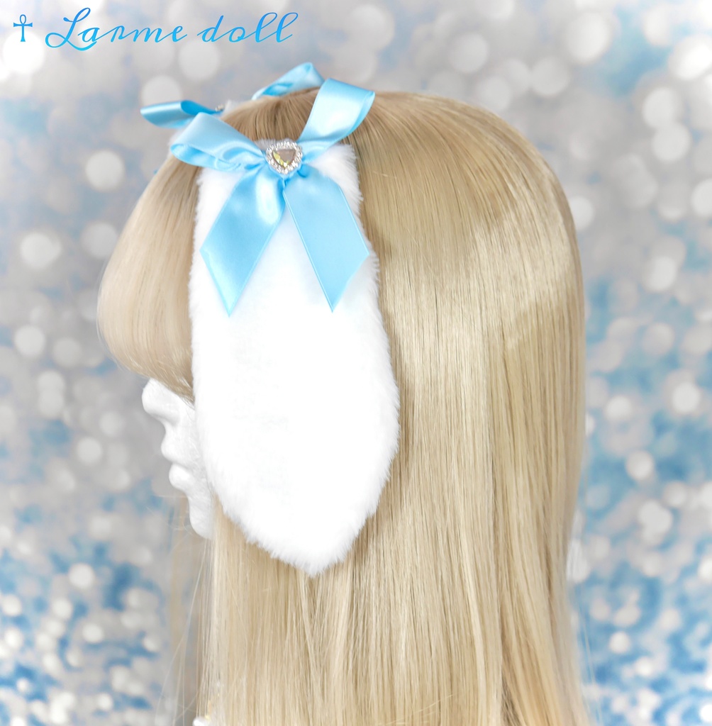 【完成品/過去製作品/⚠️ヘアクリップ少し錆び有り】《☥》たれうさ耳リボンヘアクリップ(カラー▷白×水色)