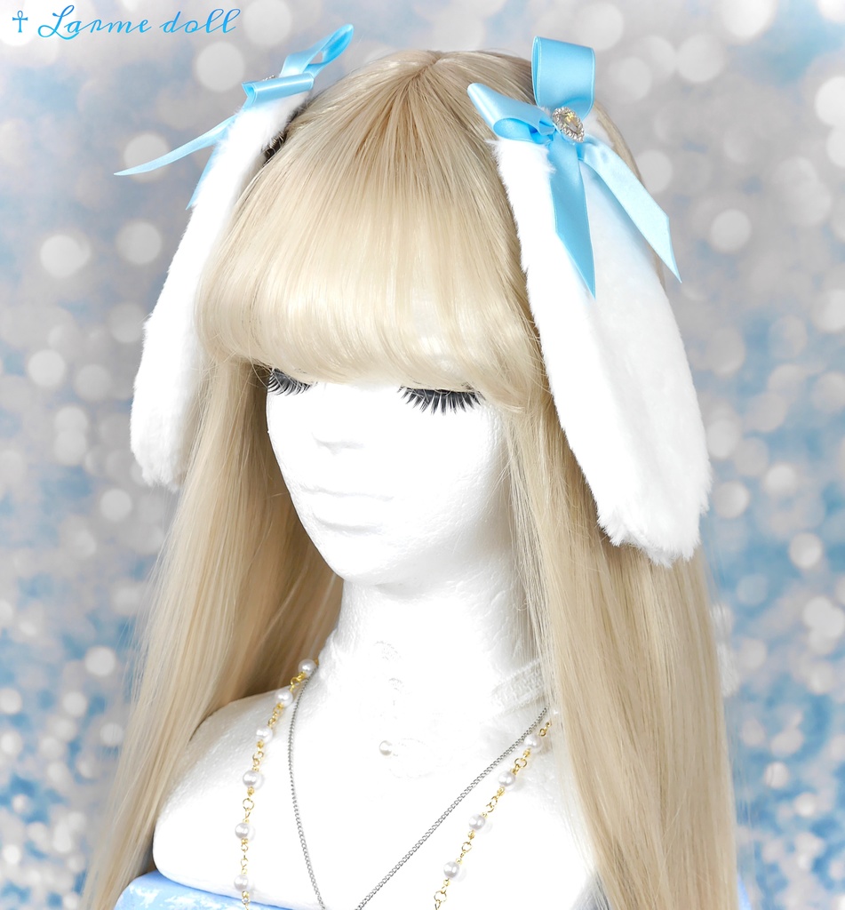 【完成品/過去製作品/⚠️ヘアクリップ少し錆び有り】《☥》たれうさ耳リボンヘアクリップ(カラー▷白×水色)