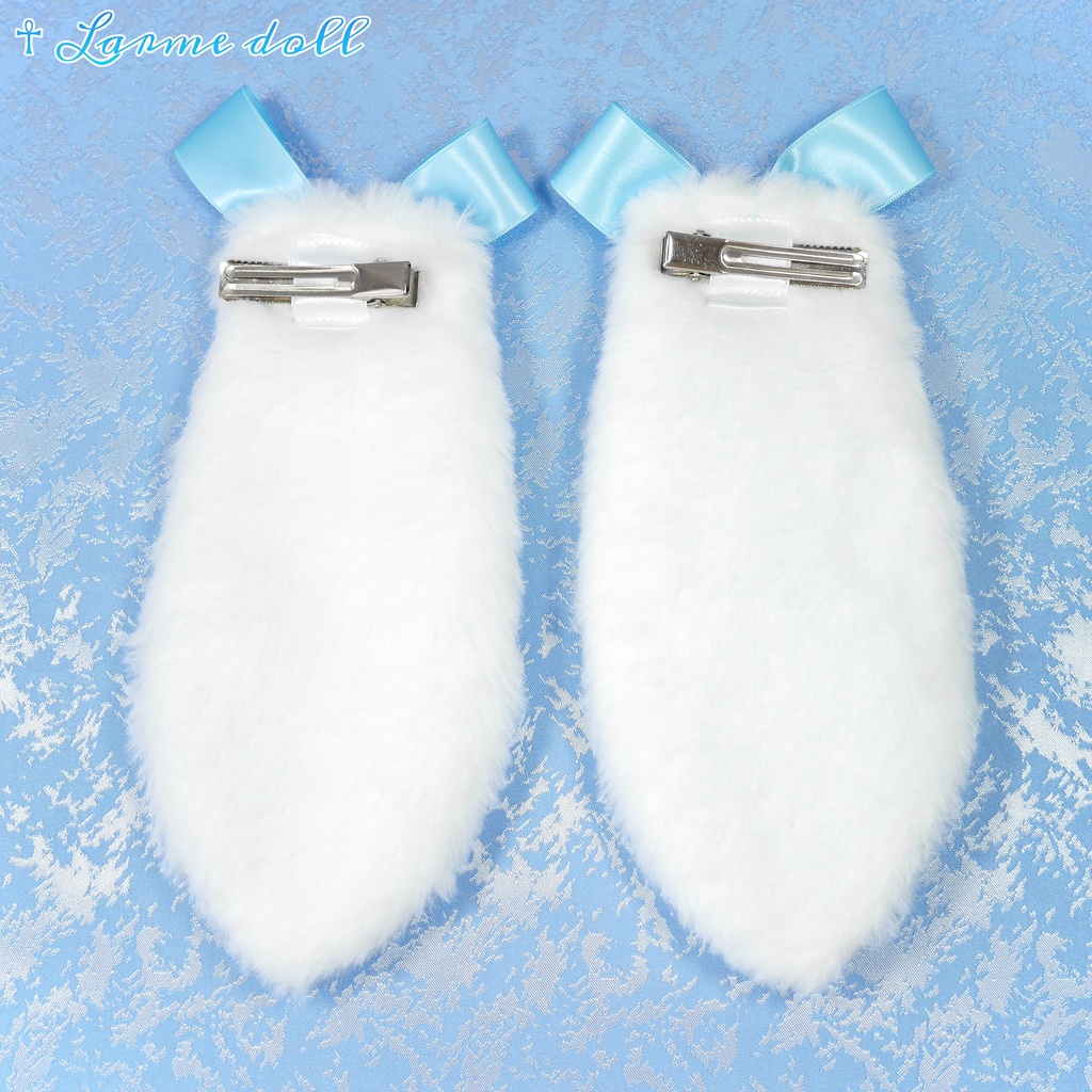 【完成品/過去製作品/⚠️ヘアクリップ少し錆び有り】《☥》たれうさ耳リボンヘアクリップ(カラー▷白×水色)
