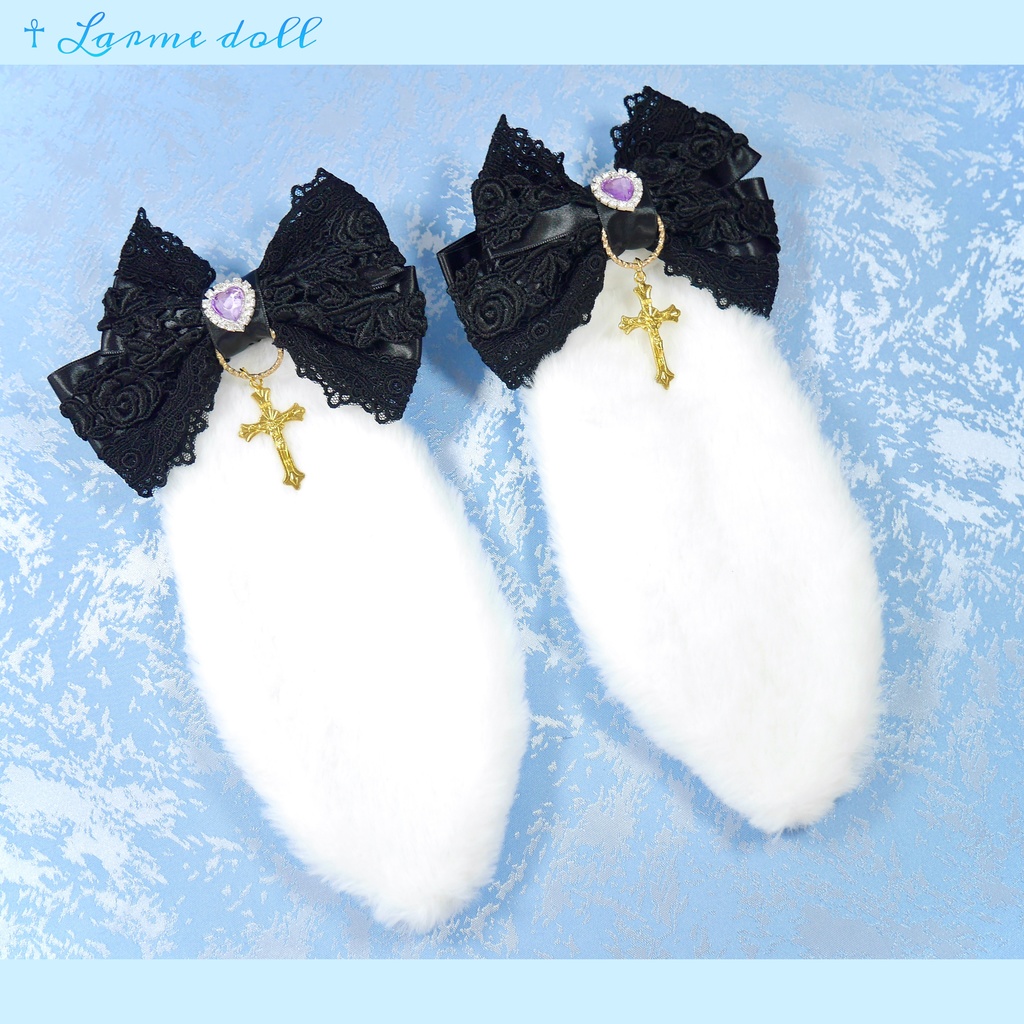 【完成品】【一点物】《☥》パープルハートビジュー付き たれうさ耳ロリィタヘアクリップ(カラー▷白×黒)