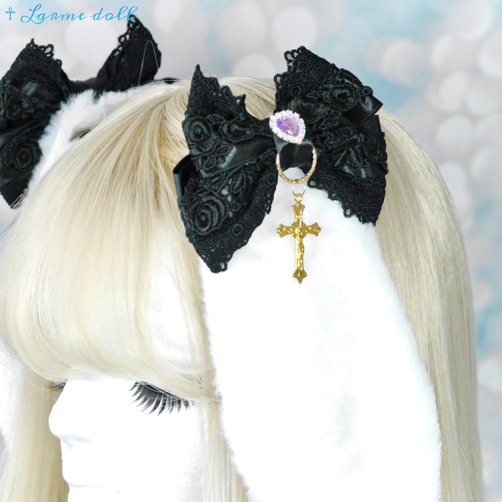 【完成品】【一点物】《☥》パープルハートビジュー付き たれうさ耳ロリィタヘアクリップ(カラー▷白×黒)