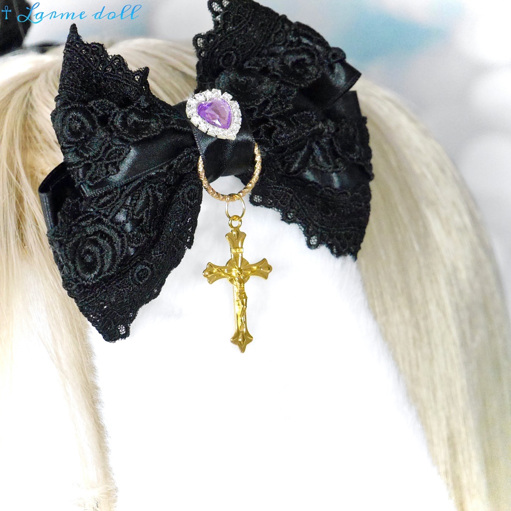 【完成品】【一点物】《☥》パープルハートビジュー付き たれうさ耳ロリィタヘアクリップ(カラー▷白×黒)
