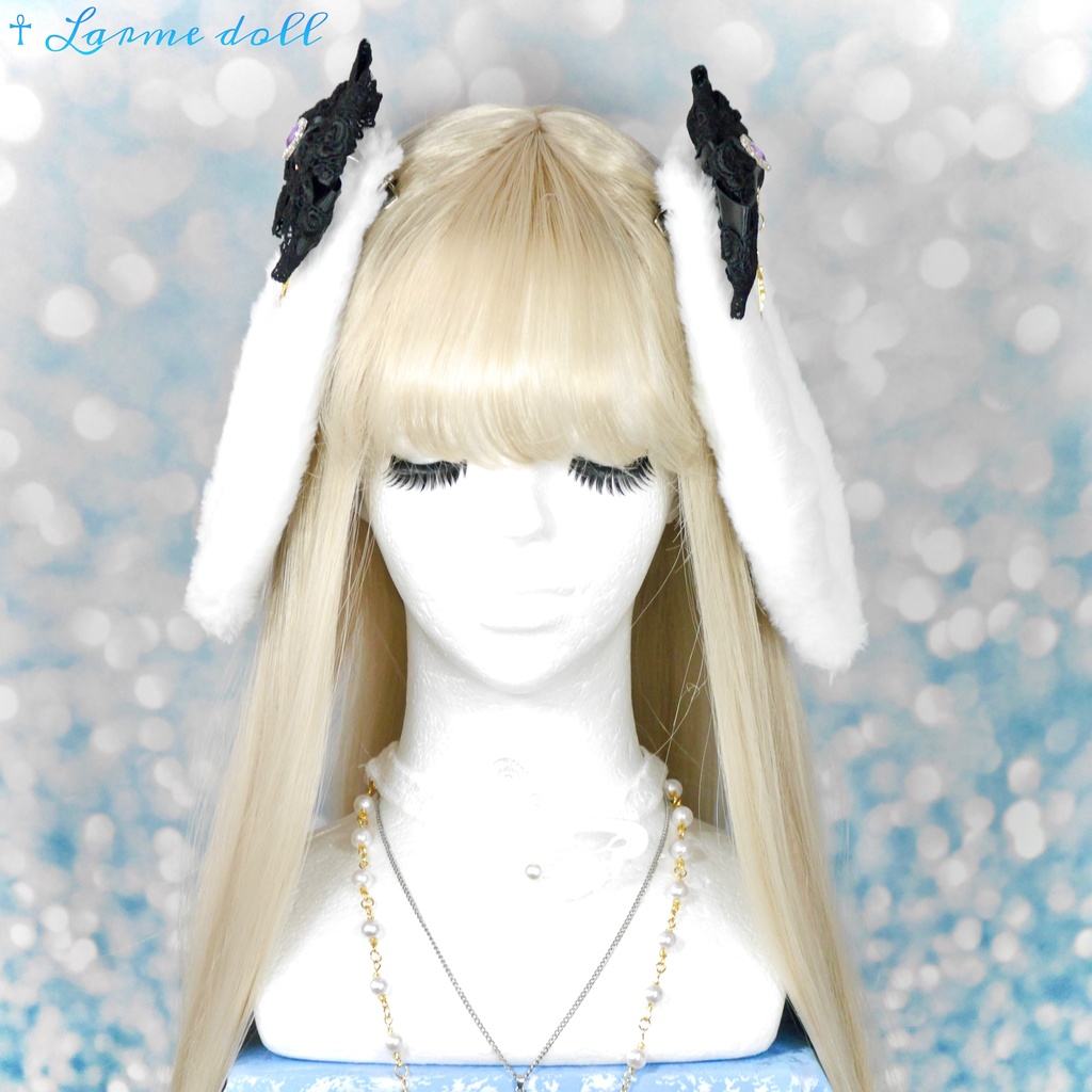 【完成品】【一点物】《☥》パープルハートビジュー付き たれうさ耳ロリィタヘアクリップ(カラー▷白×黒)