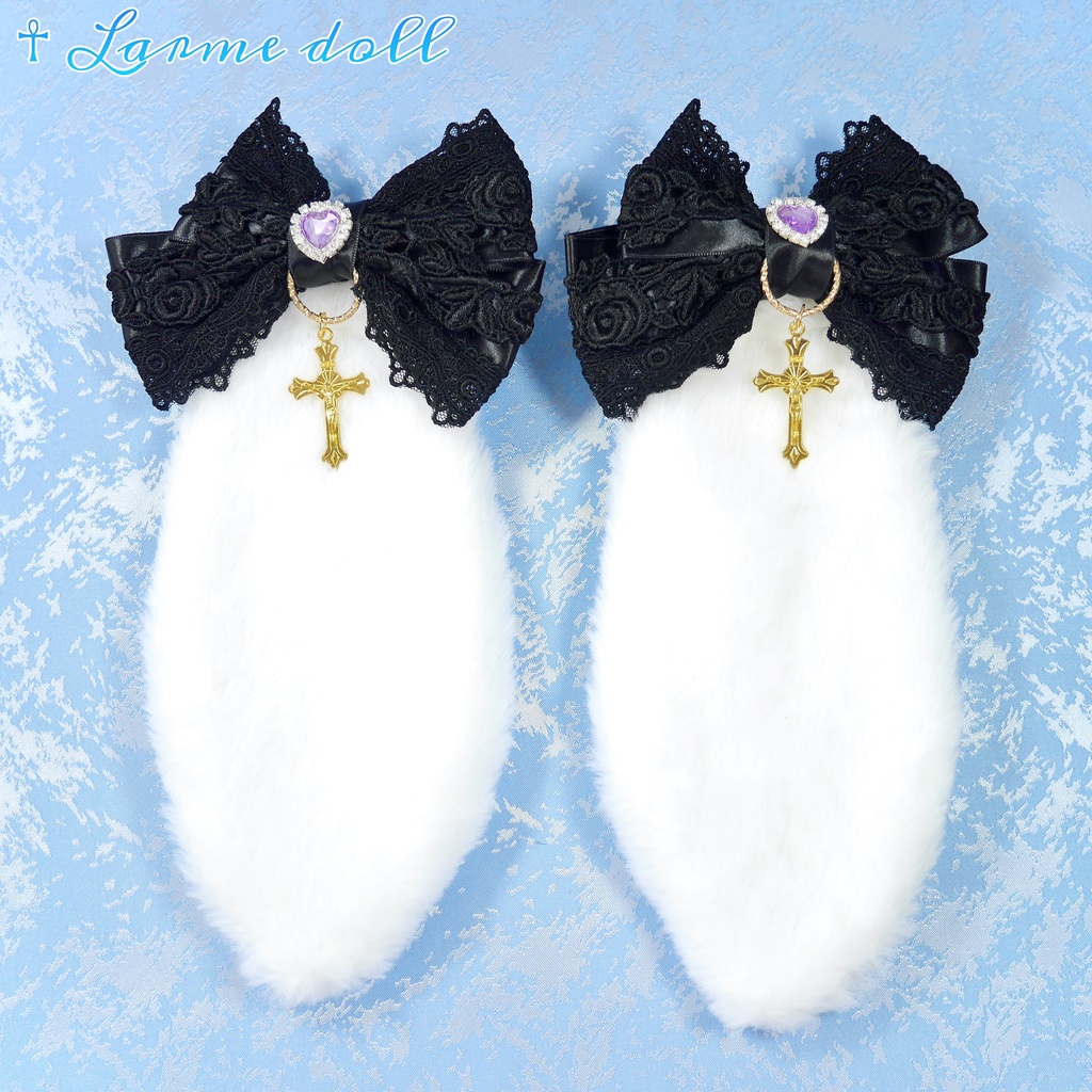 【完成品】【一点物】《☥》パープルハートビジュー付き たれうさ耳ロリィタヘアクリップ(カラー▷白×黒)
