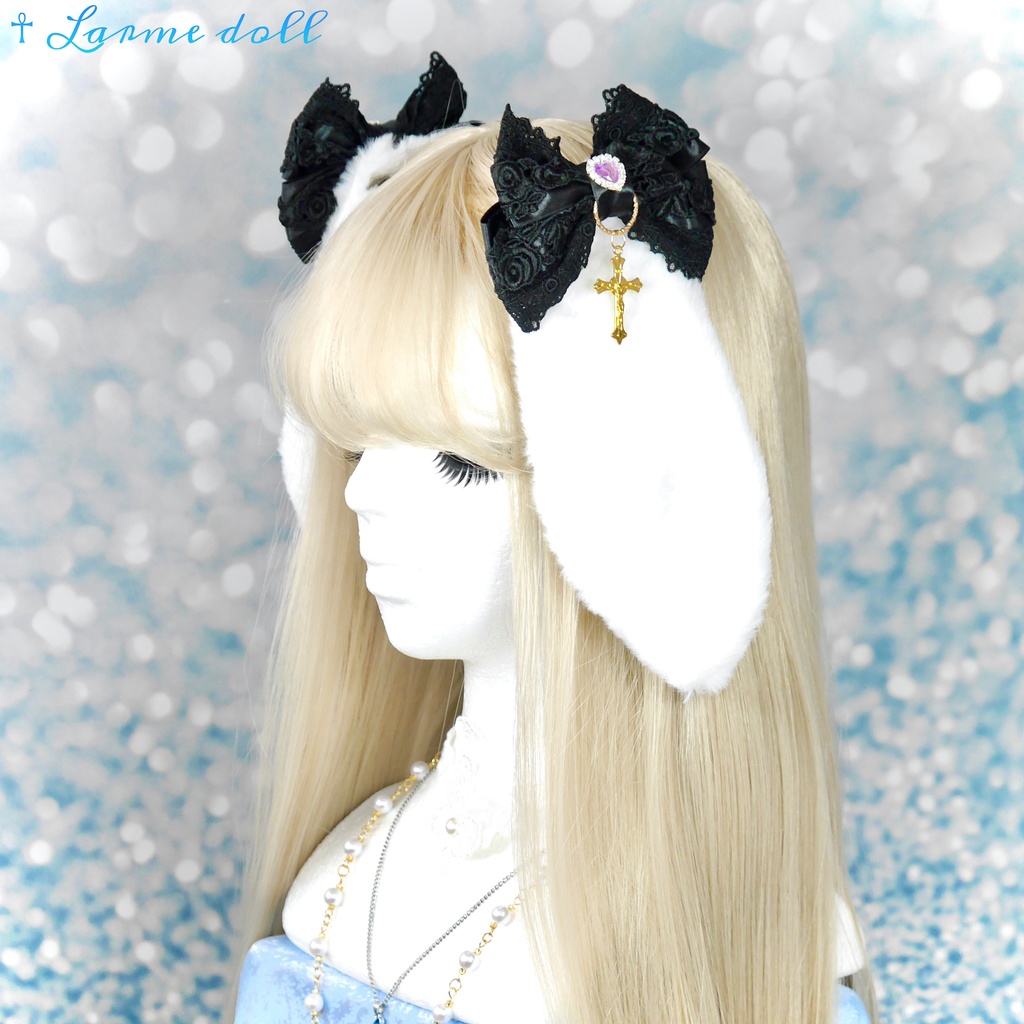 【完成品】【一点物】《☥》パープルハートビジュー付き たれうさ耳ロリィタヘアクリップ(カラー▷白×黒)