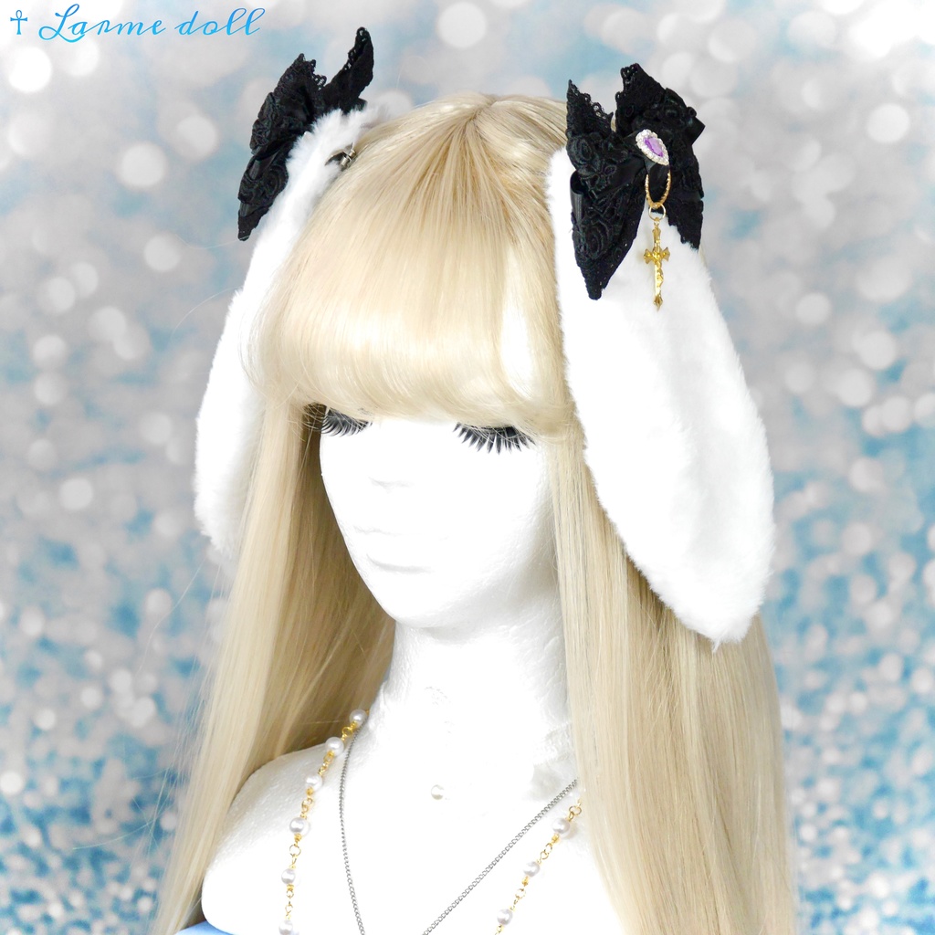 【完成品】【一点物】《☥》パープルハートビジュー付き たれうさ耳ロリィタヘアクリップ(カラー▷白×黒)