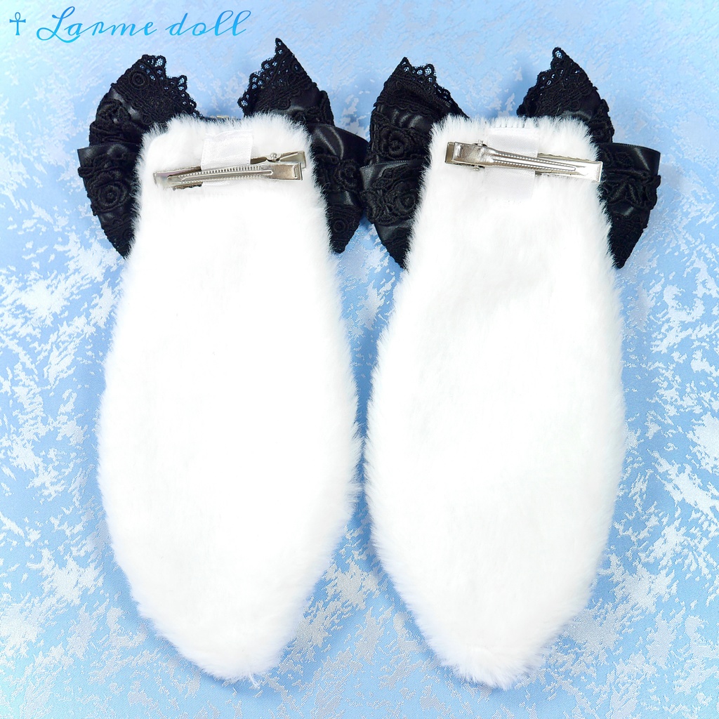 【完成品】【一点物】《☥》パープルハートビジュー付き たれうさ耳ロリィタヘアクリップ(カラー▷白×黒)